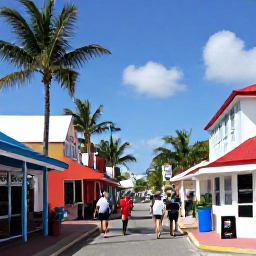 Caribbean Holidays, Cayman January Cruises, Passengers walking through George Town, Grand Cayman, past colourful shops and palm trees on a sunny cruise day