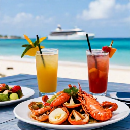 Caribbean Holidays, Cayman January Cruises, Relaxed beach restaurant on Grand Cayman with fresh seafood, colourful tropical drinks and views across the Caribbean Sea