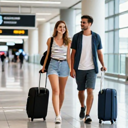 Caribbean Holidays, Cayman January Escapes, Couple walking through a Caribbean airport with light luggage, representing a smooth multi-country island holiday