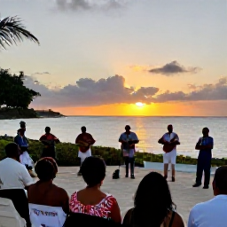 Caribbean Holidays, Cayman January Holidays, Caymanian musicians performing traditional island music at a welcoming community gathering beside the sea at sunset
