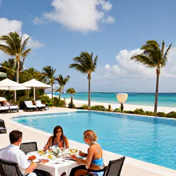 Caribbean Holidays, Cayman January Holidays, Elegant all-inclusive resort beside a Caribbean beach in Grand Cayman, showing a swimming pool, palm trees and guests dining outdoors