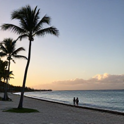 Caribbean Holidays, Cayman January Holidays, Golden evening on a quiet Grand Cayman beach, with palm silhouettes, gentle waves and a couple walking near the shoreline