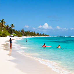 Caribbean Holidays, Cayman January Holidays, Peaceful Caribbean beach in the Cayman Islands with clear turquoise water, snorkellers and a visitor enjoying a cultural island holiday
