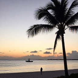 Caribbean Holidays, Cayman January Tours, A relaxed sunset scene on Grand Cayman with palm trees, calm sea, a small boat offshore and warm evening light