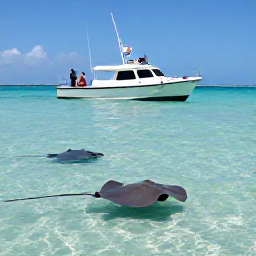 Caribbean Holidays, Cayman January Tours, A small tour boat approaching Stingray City sandbar in clear shallow water, with visitors safely observing friendly stingrays under a sunny Cayman sky