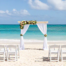 Caribbean Holidays, Cayman January Weddings, Elegant beachfront wedding ceremony in Grand Cayman with white chairs, simple tropical flowers and a turquoise Caribbean horizon