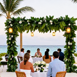 Caribbean Holidays, Cayman January Weddings, Happy wedding guests enjoying a relaxed Caribbean reception outdoors in January, with lanterns, tropical greenery and tables near the beach