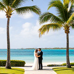 Caribbean Holidays, Cayman January Weddings, Newly married couple exploring George Town and the Cayman Islands coastline after their January wedding, with palm trees and bright blue water