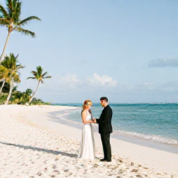 Caribbean Holidays, Cayman January Weddings, Newlyweds exchanging rings on a quiet white-sand beach in the Cayman Islands in warm January sunshine, with turquoise sea and gentle palms