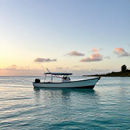 Caribbean Holidays, Cayman July Fishing, A calm turquoise sea off Grand Cayman at sunrise, with a small fishing boat preparing for a day on the water