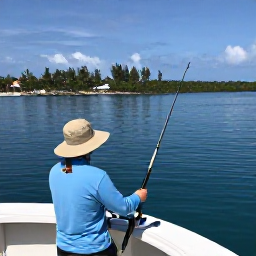 Caribbean Holidays, Cayman July Fishing, A relaxed angler wearing a sun hat on a Cayman Islands boat, with fishing gear, calm sea and a bright tropical coastline behind
