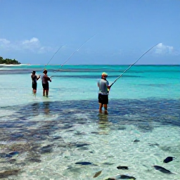 Caribbean Holidays, Cayman July Fishing, Anglers casting lines beside a beautiful Cayman Islands reef in clear shallow water, with colourful fish visible below