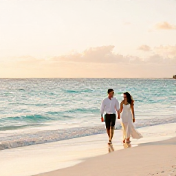 Caribbean Holidays, Cayman June Weddings, A newly married couple walking barefoot along Seven Mile Beach in Grand Cayman at sunset, with calm turquoise water and soft golden light