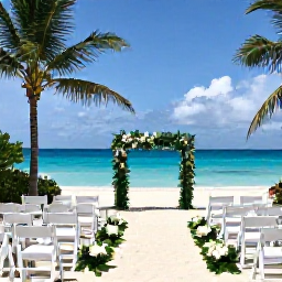 Caribbean Holidays, Cayman June Weddings, Elegant beach wedding ceremony in Grand Cayman, white chairs facing the Caribbean Sea, tropical greenery and a small floral arch