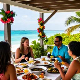 Caribbean Holidays, Cayman June Weddings, Happy wedding guests enjoying a casual Caribbean reception at an outdoor terrace, tropical flowers, island dishes and ocean views