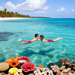 Caribbean Holidays, Cayman June Weddings, Newlyweds snorkelling in clear Cayman Islands water near colourful coral, with a sunny tropical coastline in the background