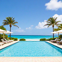 Caribbean Holidays, Cayman Luxury April, Elegant Grand Cayman hotel pool overlooking the Caribbean Sea in April, shaded loungers, tropical gardens and clear blue sky