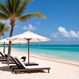Caribbean Holidays, Cayman Luxury April, Luxury beachfront resort on Grand Cayman in April, turquoise sea, white sand, elegant sun loungers and palm trees