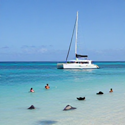 Caribbean Holidays, Cayman Luxury April, Luxury catamaran sailing beside Stingray City in Grand Cayman, clear shallow water, guests swimming with stingrays