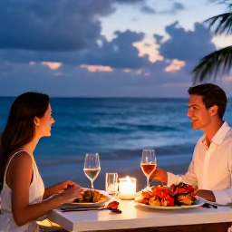 Caribbean Holidays, Cayman Luxury December, Couple dining at an elegant beachfront restaurant on Grand Cayman, candlelit table, fresh seafood and tropical evening sky