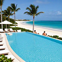 Caribbean Holidays, Cayman Luxury December, Elegant Grand Cayman resort pool beside a white sandy beach, guests relaxing beneath palm trees in warm December sunshine