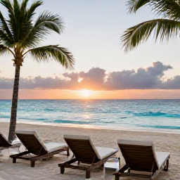 Caribbean Holidays, Cayman Luxury December, Luxury beachfront resort on Grand Cayman at sunset in December, calm turquoise sea and elegant loungers