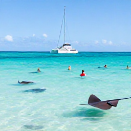 Caribbean Holidays, Cayman Luxury December, Luxury catamaran sailing over clear Cayman waters near Stingray City, guests swimming with gentle stingrays in December sunshine