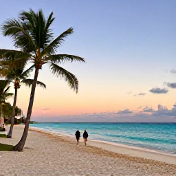 Caribbean Holidays, Cayman Luxury December, Quiet Seven Mile Beach on Grand Cayman with palm trees, turquoise water and a couple walking at sunset in December