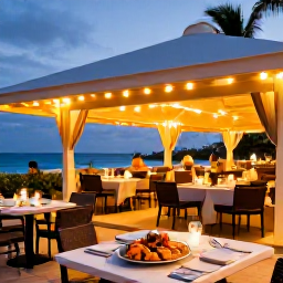 Caribbean Holidays, Cayman Luxury February, Elegant outdoor restaurant in Grand Cayman at dusk, beautifully presented Caribbean seafood, warm lights and a relaxed luxury dining setting