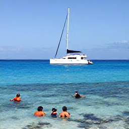 Caribbean Holidays, Cayman Luxury February, Luxury catamaran sailing near Grand Cayman with snorkellers above coral reef, bright blue water and a relaxed February holiday atmosphere