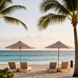 Caribbean Holidays, Cayman Luxury Holidays, A luxurious beachfront resort on Grand Cayman at golden hour, palm trees, calm turquoise sea and elegant sun loungers