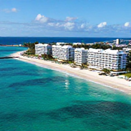 Caribbean Holidays, Cayman Luxury Holidays, Aerial view of Grand Cayman&rsquo;s turquoise sea, white sandy beach and luxury beachfront resort in bright February sunshine
