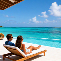 Caribbean Holidays, Cayman Luxury Holidays, Couple relaxing on a private terrace overlooking the turquoise Caribbean Sea in Grand Cayman