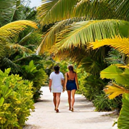 Caribbean Holidays, Cayman Luxury Holidays, Couple walking through a quiet tropical nature trail on Little Cayman, surrounded by palms and bright Caribbean foliage