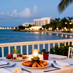 Caribbean Holidays, Cayman Luxury Holidays, Elegant Cayman Islands restaurant serving fresh seafood at an outdoor waterfront table during early evening