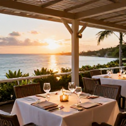 Caribbean Holidays, Cayman Luxury Holidays, Elegant open-air restaurant beside the Caribbean Sea in Grand Cayman, with a sunset dinner setting