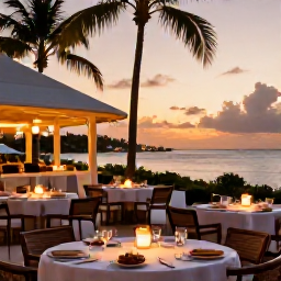 Caribbean Holidays, Cayman Luxury Holidays, Elegant waterfront restaurant in George Town serving fresh Caribbean seafood at sunset, with palm trees and softly lit tables