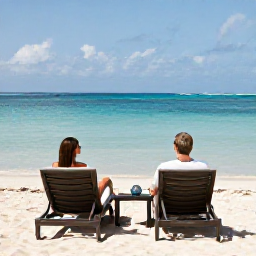 Caribbean Holidays, Cayman Luxury Holidays, Luxury couple relaxing on a stylish beach lounger beside calm turquoise water on Seven Mile Beach, Grand Cayman
