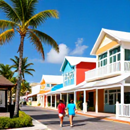 Caribbean Holidays, Cayman Luxury Holidays, Luxury couple walking through George Town, Grand Cayman, with colourful buildings, palm trees and a sunny Caribbean street scene