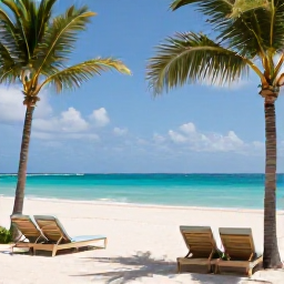 Caribbean Holidays, Cayman Luxury Holidays, Peaceful luxury beach scene in Grand Cayman with palm trees, turquoise sea and elegant sun loungers