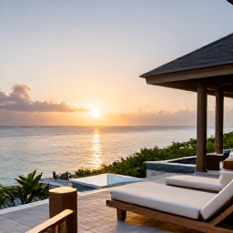 Caribbean Holidays, Cayman Luxury Holidays, Peaceful luxury villa terrace in the Cayman Islands overlooking the sea at sunrise