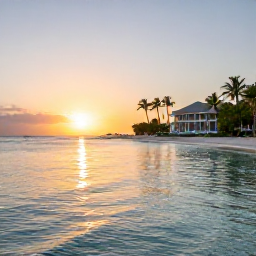 Caribbean Holidays, Cayman Luxury Holidays, Seven Mile Beach in Grand Cayman at sunset with calm clear water, palm trees and a luxury resort in the background