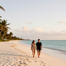 Caribbean Holidays, Cayman Luxury January, Couple walking along quiet white sand beach in Grand Cayman at golden hour, luxury Caribbean holiday atmosphere