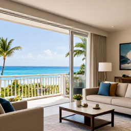 Caribbean Holidays, Cayman Luxury January, Elegant Cayman Islands beach resort suite with balcony overlooking the Caribbean Sea, natural light, refined furnishings and tropical gardens