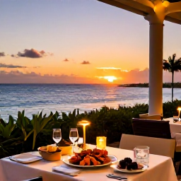 Caribbean Holidays, Cayman Luxury January, Upscale Cayman Islands restaurant terrace at sunset, fresh seafood dinner, candles, ocean view and relaxed elegant atmosphere