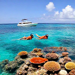 Caribbean Holidays, Cayman Luxury July, Couple snorkelling above colourful coral reef in clear Grand Cayman water in July, with a boat nearby