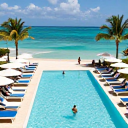 Caribbean Holidays, Cayman Luxury July, Elegant Grand Cayman hotel pool overlooking turquoise Caribbean water, with palm trees and guests relaxing in July