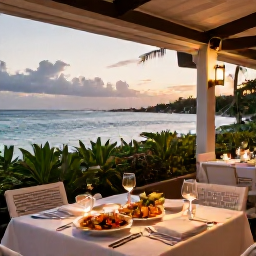 Caribbean Holidays, Cayman Luxury July, Fresh Caymanian seafood dinner at an elegant open-air restaurant beside the sea at sunset in Grand Cayman