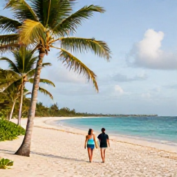 Caribbean Holidays, Cayman Luxury July, Luxury couple walking on a quiet Cayman beach beneath palm trees on a bright July afternoon