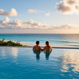 Caribbean Holidays, Cayman Luxury June, Couple relaxing beside an infinity pool overlooking a Caribbean beach on Grand Cayman, late afternoon June sunlight